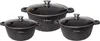Three black pots with speckled patterns and glass lids are arranged on a white background. Produktbild-Vorschau