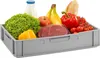 A gray plastic crate filled with various groceries including lettuce, bell peppers, tomatoes, apples, bananas, beef, milk, and a baguette. Produktbild-Vorschau