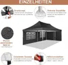 A diagram illustrating the features of a black pop-up canopy tent, with close-up insets showing specific components and details. Podgląd zdjęcia produktu