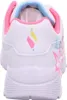 The back view of a white sneaker with pink and blue accents. Produktbild-Vorschau