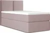A pink upholstered bed with a white topper, shown against a white background. Produktbild-Vorschau