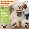 A child hugging a large teddy bear, with descriptive text and icons on the left side. Náhľad obrázku produktu