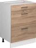 A three-drawer kitchen cabinet unit with a wood-effect front and white sides, shown from the front.
