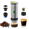 A portable coffee maker and its accessories are displayed against a white background, along with coffee beans, ground coffee, and a finished espresso. Náhľad obrázku produktu