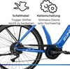 Close-up view of the rear wheel and drivetrain of a blue electric bicycle, with marketing text and icons above. Produktbild-Vorschau