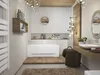 A modern bathroom with a freestanding bathtub, wooden accents, and decorative lighting. Produktbild-Vorschau