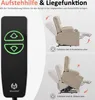 A remote control and two diagrams illustrating the reclining and lift functions of a chair. Produktbild-Vorschau