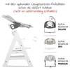 A white wooden high chair with a grey infant insert is shown on the left. To the right, three different bouncer attachments are displayed with their respective product names. Podgląd zdjęcia produktu
