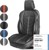 A black car seat cover with gray accents, displayed with a row of circular swatches showing different color options. Produktbild-Vorschau