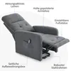 A gray recliner chair with its features highlighted by text labels and dotted lines. Náhľad obrázku produktu