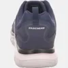 The back view of a navy blue Skechers athletic shoe. Voir les images du produit