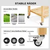 A diagram illustrating the features and applications of a wooden cart with wheels. Produktbild-Vorschau