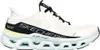 A white Skechers sneaker with black accents and a light blue sole. Voir les images du produit