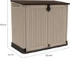 A beige and brown outdoor storage box is shown against a white background with dimensions indicated. Voir les images du produit