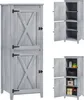 A collage of images showing a tall, narrow cabinet with a barn-style door design. The cabinet is shown closed in the main image and open in two smaller inset images, revealing shelves and some items stored inside. Podgląd zdjęcia produktu