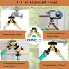 Collage of images showing a hose splitter connected to a faucet, a faucet timer, another hose splitter, and a 3/4" hose connection. Produktbild-Vorschau