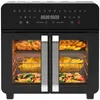A modern black air fryer oven with a digital touch screen and dual doors, filled with various foods being cooked. Produktbild-Vorschau