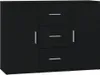 A black sideboard with three drawers in the center and two cabinet doors on the sides, against a white background. Produktbild-Vorschau