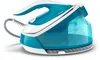 A close-up, side view of a blue and white steam iron with its water tank visible. Voir les images du produit