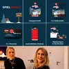 A collage of product components for a game, followed by two women smiling. Produktbild-Vorschau