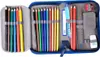 An open pencil case filled with colored pencils, rulers, and an eraser. Produktbild-Vorschau