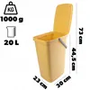 A yellow plastic waste bin with its lid open, shown with dimensions and capacity information. Produktbild-Vorschau