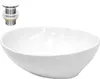 A white ceramic oval basin and a drain assembly are presented against a white background. Produktbild-Vorschau