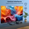 A television set is displayed on a stand, with two small black boxes in front of it. The screen shows a colorful abstract image. Icons and text are present on the right side of the image. Produktbild-Vorschau