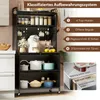 A multi-tiered kitchen storage shelf unit is shown in a kitchen setting, with various kitchen items and text overlays explaining its features. Produktbild-Vorschau