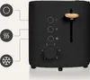 A black toaster with control buttons and a browning dial is shown against a white background. Icons indicating defrost, reheat, and cancel functions are visible on the left side of the image. Produktbild-Vorschau