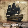 A detailed view of a black pirate ship model against a vintage map background. Podgląd zdjęcia produktu