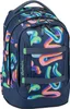 A navy blue backpack with a colorful, abstract pattern of swirling lines in shades of pink, orange, green, and blue. The backpack has two main zippered compartments, adjustable shoulder straps, and a top handle. There are also two grey straps with green bu Náhled obrázku produktu
