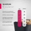 A comparison chart showing features of a product, with a product image in the background. Produktbild-Vorschau