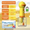 A yellow duck-shaped electric shampoo dispenser with a transparent bottle, surrounded by marketing text and graphics. Produktbild-Vorschau