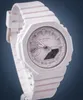 A close-up studio shot of a pink G-Shock watch against a gradient blue and gray background. Produktbild-Vorschau