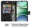 A black flip-style phone case with card slots and a bill compartment, shown open with a smartphone inside. The case has a floral embossed design. Text below the case describes its storage features. Produktbild-Vorschau