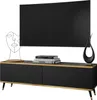 A black and gold TV stand with a large black television mounted above it. Produktbild-Vorschau