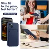 Collage showing a blue iPhone case with a card slot, a woman making a payment with her phone, and a person using their phone. Produktbild-Vorschau