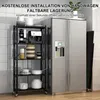 A kitchen shelf unit next to a refrigerator, with various kitchen items on the shelves. Produktbild-Vorschau