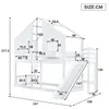 A diagram showing the dimensions of a white bunk bed with a slide, designed to look like a house. Produktbild-Vorschau