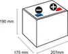 A diagram of a car battery with dimensions indicated. Produktbild-Vorschau