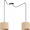 A double pendant light fixture with beige fabric lampshades and black cords, suspended from a black ceiling canopy. Náhľad obrázku produktu