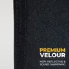 A close-up view of a black velour fabric with white fabric on the left, showing stitching. Text overlays highlight product features. Produktbild-Vorschau