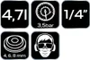 A grid of icons and text indicating product specifications and safety information. Produktbild-Vorschau