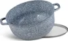 A speckled gray pot with two handles sits on a white surface next to a silver lid. Produktbild-Vorschau