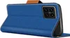 A blue flip case for a smartphone is shown from a side angle, with the phone's camera module visible. Produktbild-Vorschau