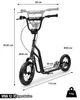 A black scooter with dimensions and specifications indicated by text and arrows. Produktbild-Vorschau