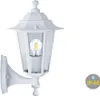 A white outdoor wall lamp with a visible light bulb, mounted on a white bracket against a white background. Produktbild-Vorschau