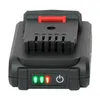 A close-up studio shot of a black power tool battery pack with a red release lever and indicator lights. Produktbild-Vorschau