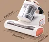 A close-up, angled view of a white and rose gold handheld vacuum cleaner with orange accents, set against a light brown background. Dimensions are indicated with lines and text. Produktbild-Vorschau